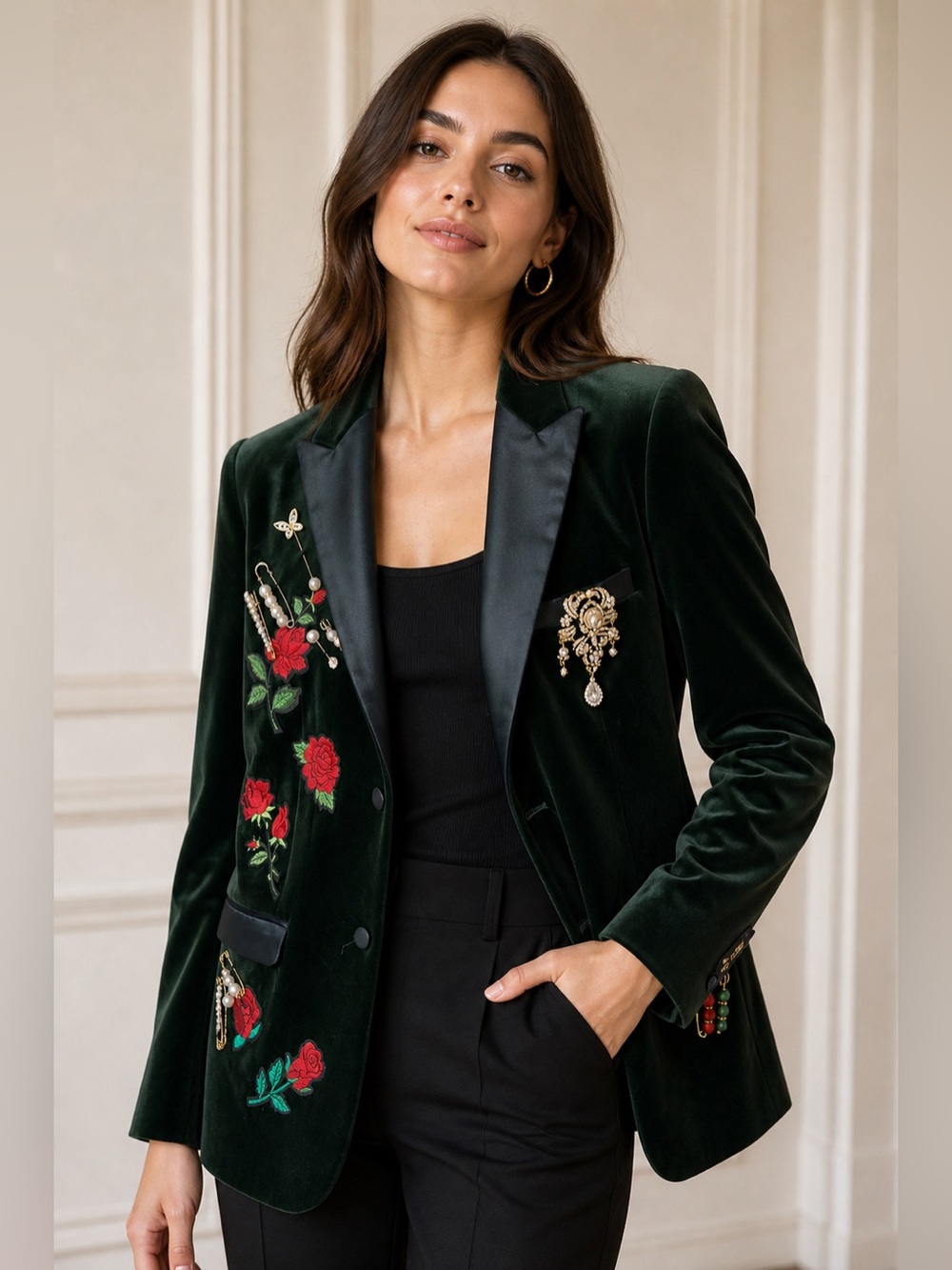 Upcycled Embroidered Velvet elbow patch Blazer Jacket - Dark Green size M